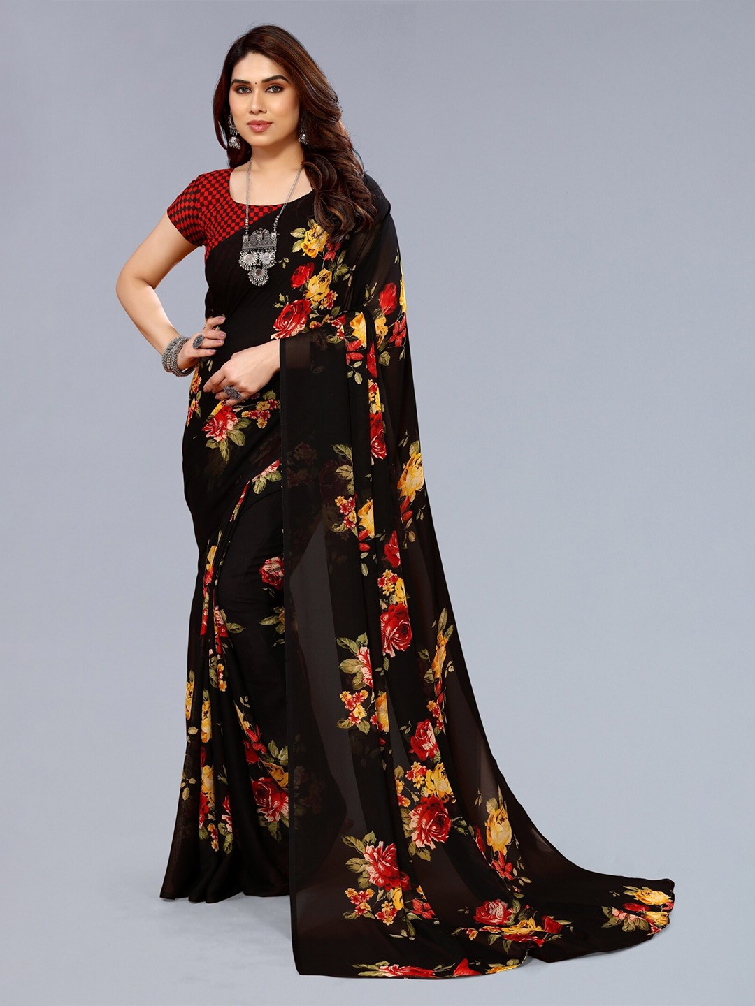 

ANAND SAREES Floral Poly Georgette Saree, Black