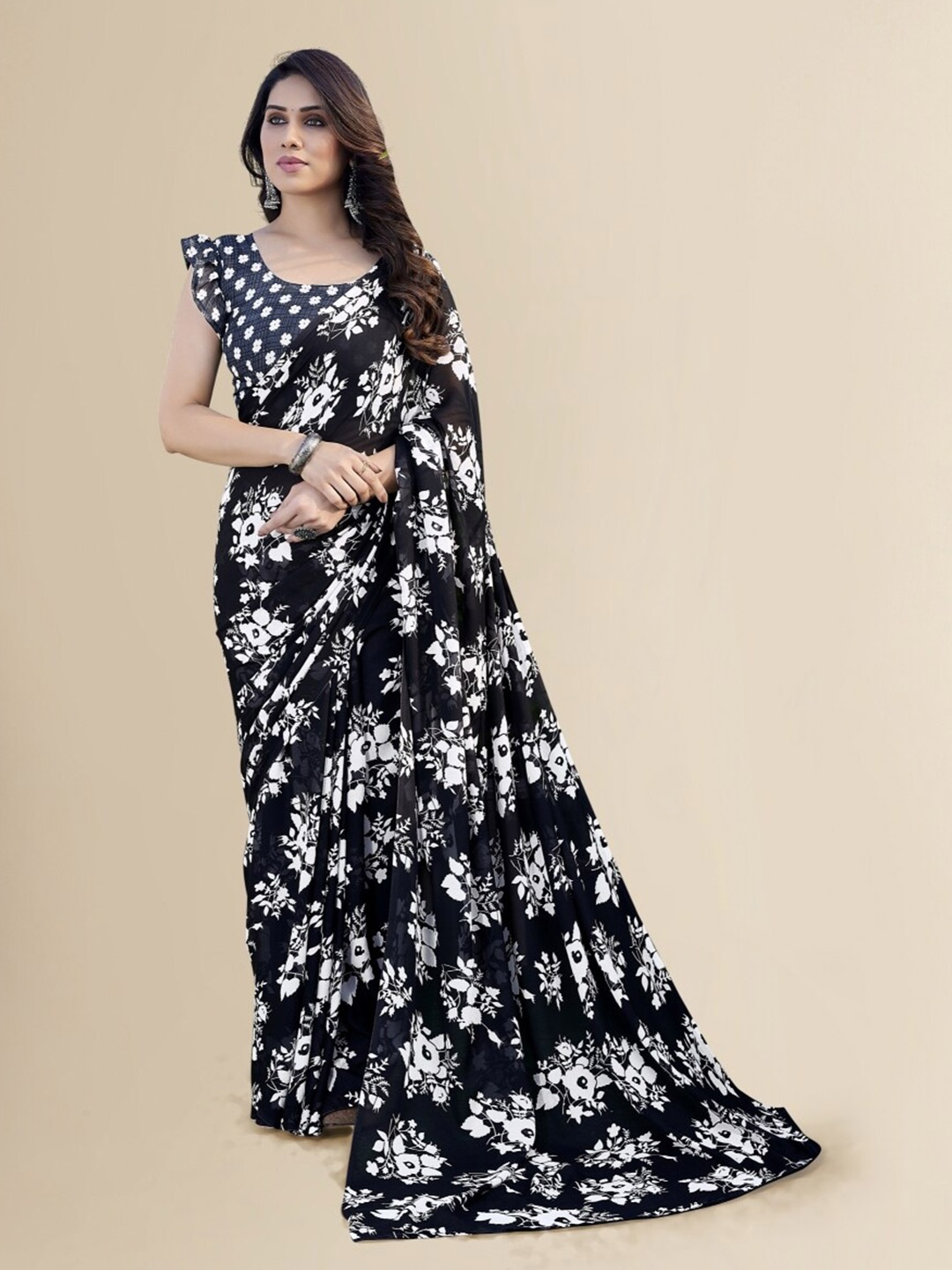 

ANAND SAREES Floral Poly Georgette Saree, Black