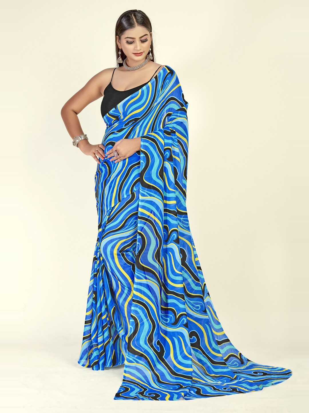 

ANAND SAREES Striped Printed Saree, Blue