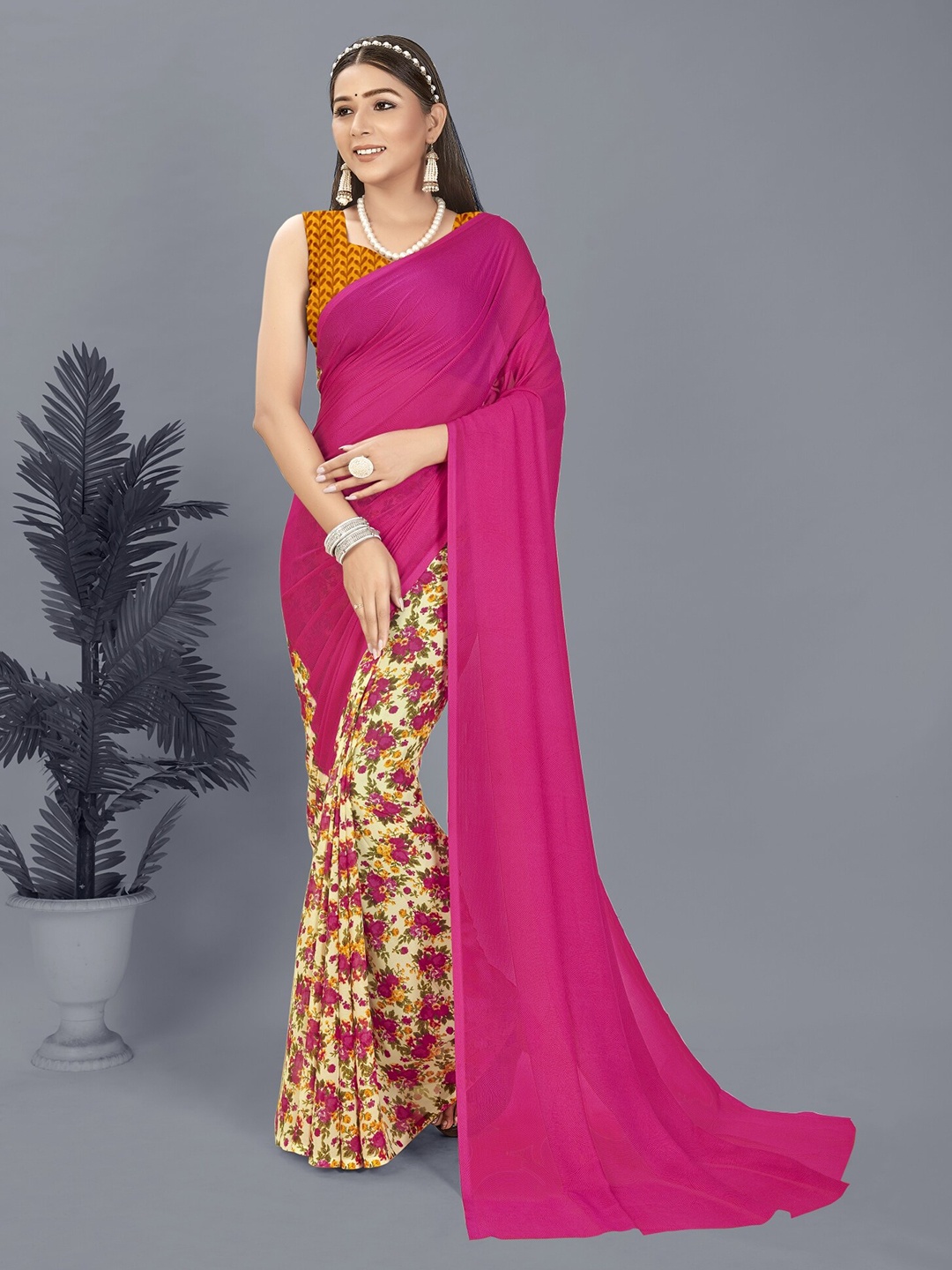 

ANAND SAREES Floral Printed Half and Half Saree, Pink