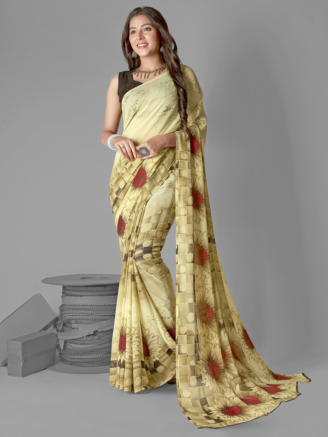 

ANAND SAREES Floral Poly Georgette Saree, Cream