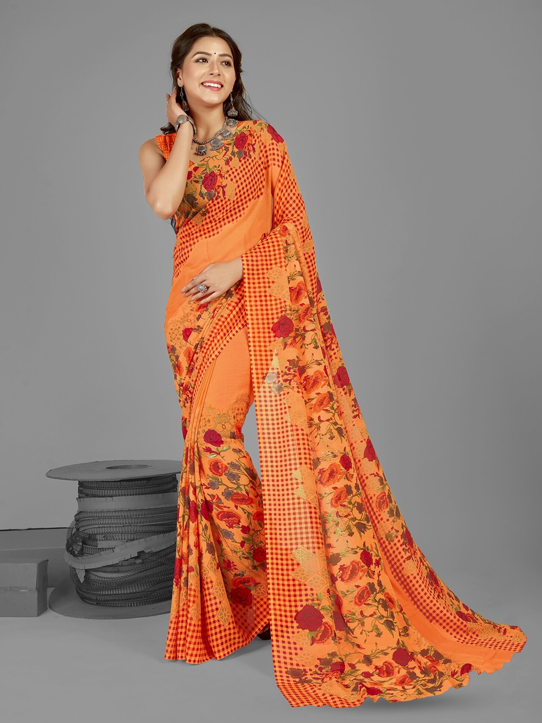 

ANAND SAREES Floral Poly Georgette Saree, Orange