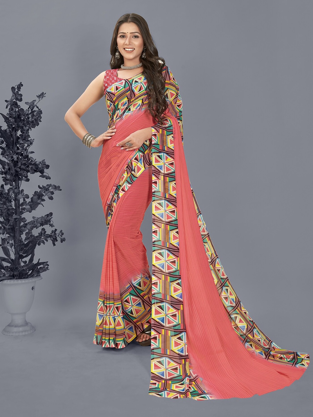 

ANAND SAREES Geometric Printed Saree, Pink