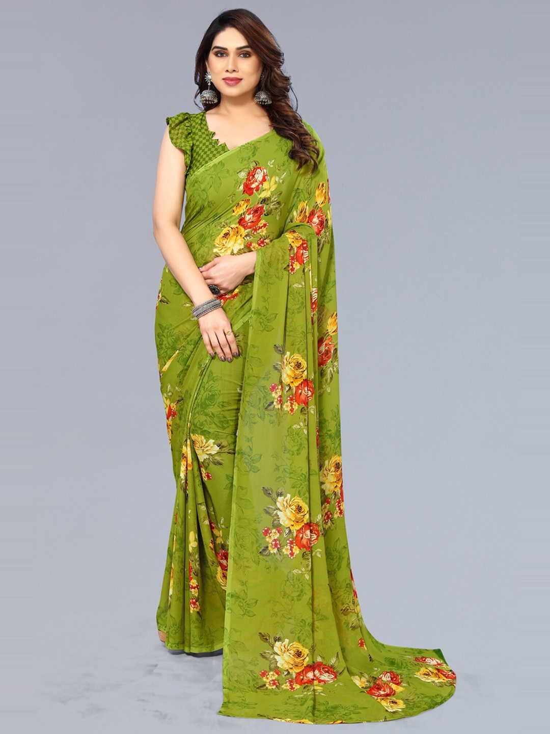 

ANAND SAREES Floral Poly Georgette Saree, Green