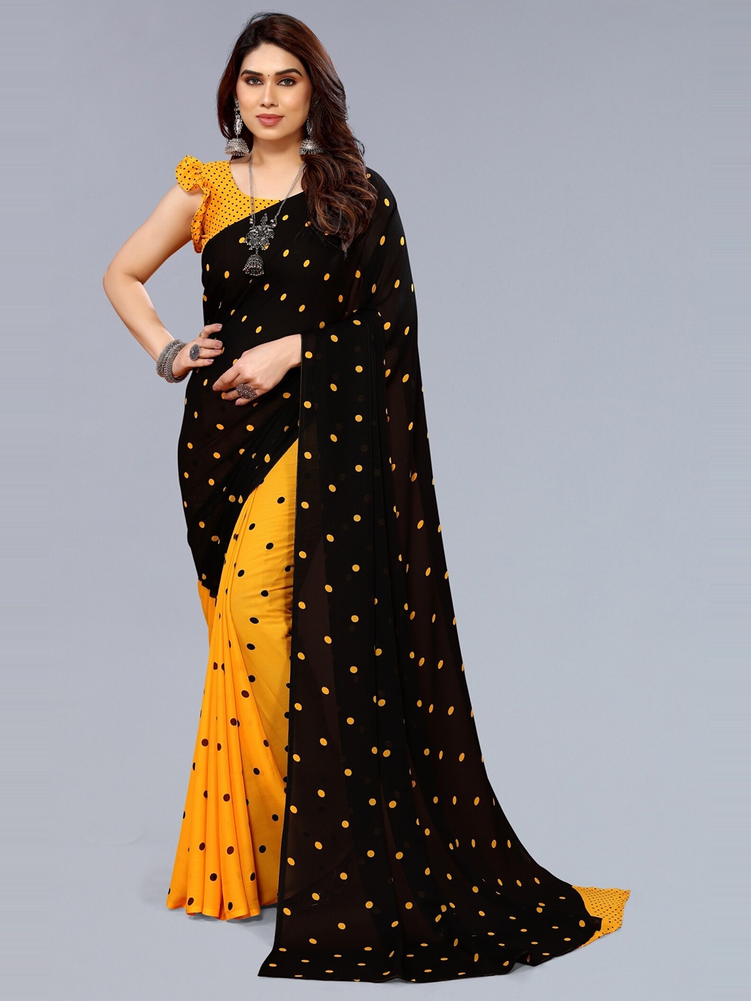 

ANAND SAREES Polka Dot Printed Saree, Yellow
