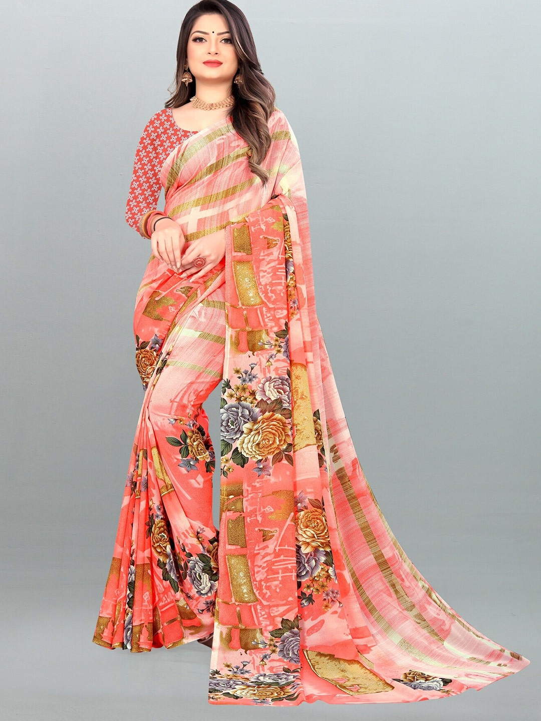 

ANAND SAREES Floral Poly Georgette Saree, Pink