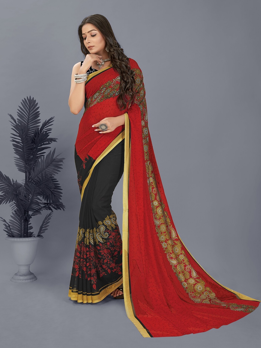 

ANAND SAREES Ethnic Motifs Poly Georgette Saree, Red