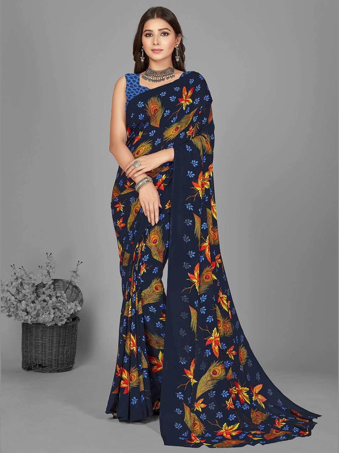 

ANAND SAREES Floral Printed Saree, Navy blue