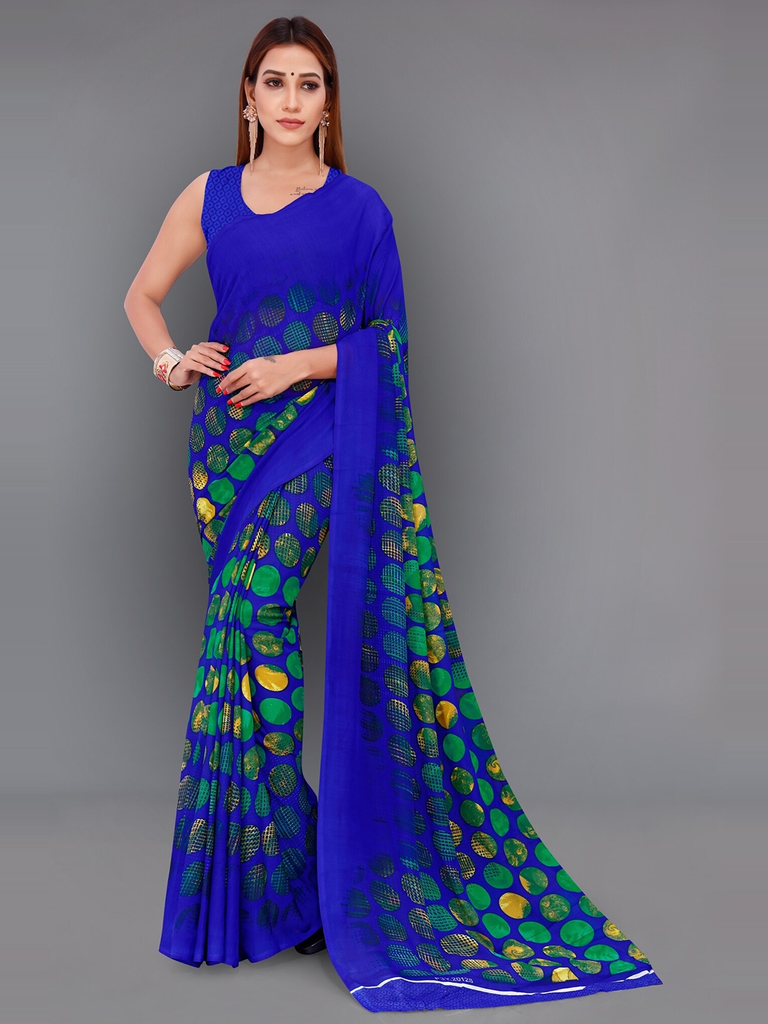 

ANAND SAREES Polka Dot Poly Georgette Saree, Blue