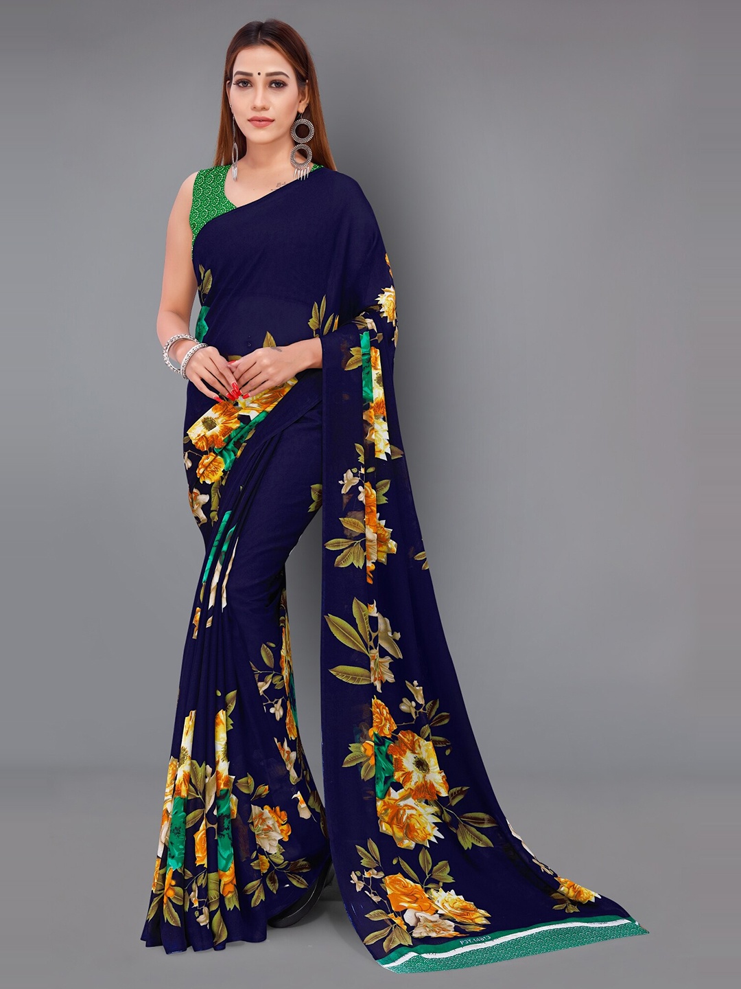 

ANAND SAREES Floral Poly Georgette Saree, Navy blue