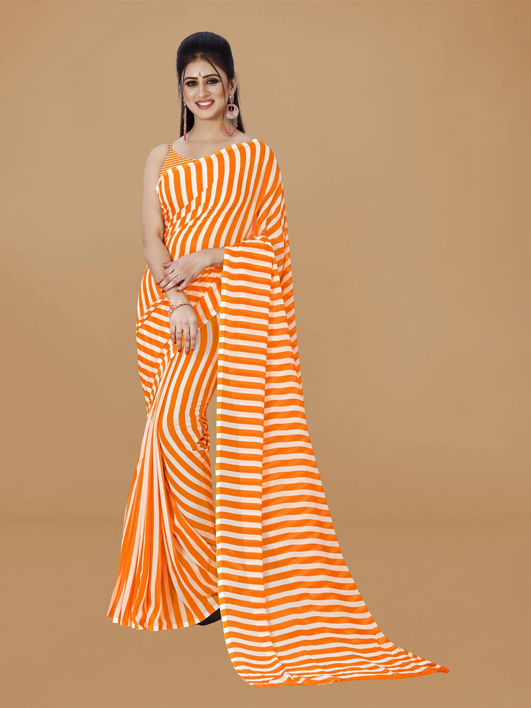 

ANAND SAREES Striped Poly Georgette Saree, Orange