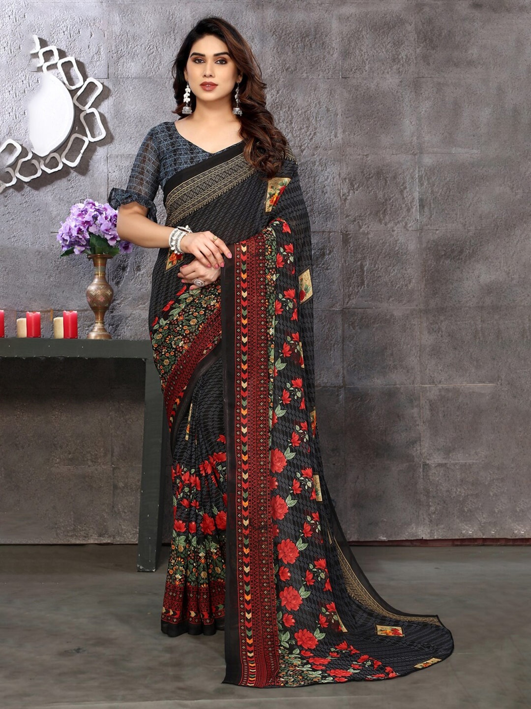 

ANAND SAREES Floral Poly Georgette Saree, Black