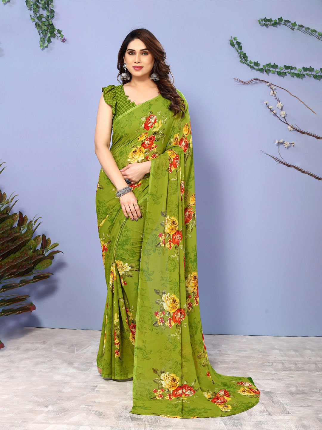 

ANAND SAREES Floral Printed Saree, Green
