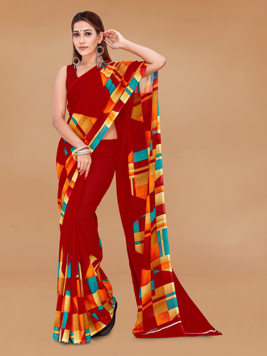 

ANAND SAREES Geometric Printed Saree, Red