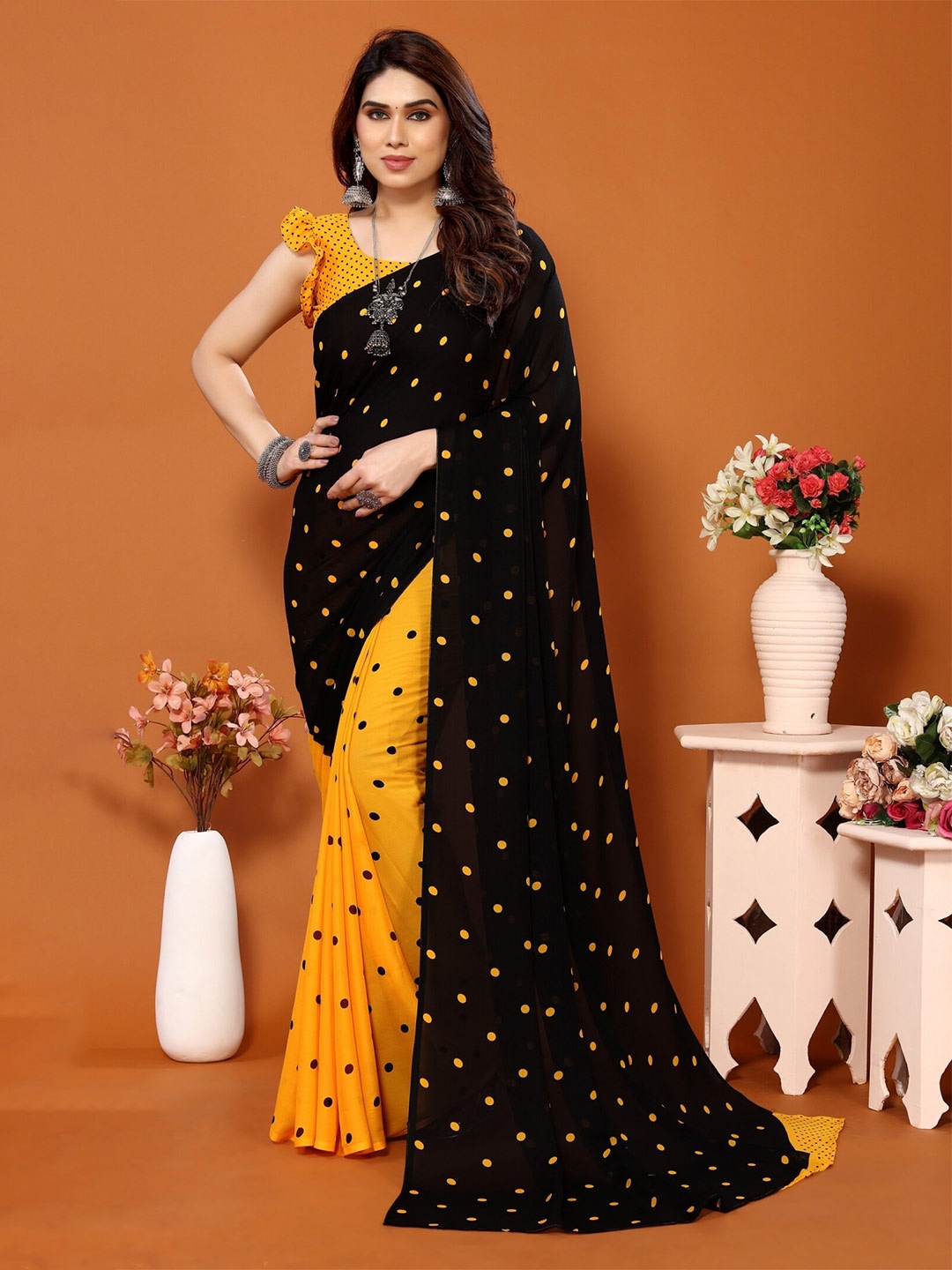 

ANAND SAREES Polka Dot Poly Georgette Saree, Yellow