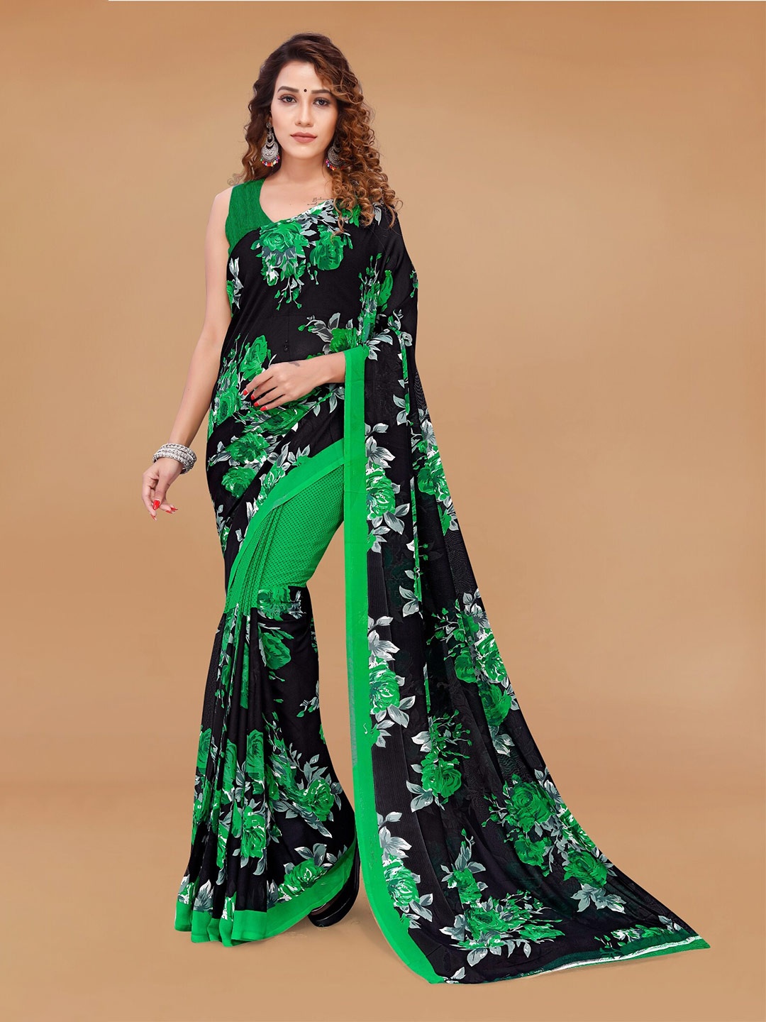 

ANAND SAREES Floral Poly Georgette Saree, Green