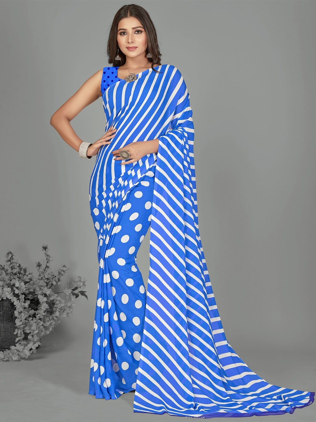 

ANAND SAREES Polka Dot Poly Georgette Half and Half Saree, Blue