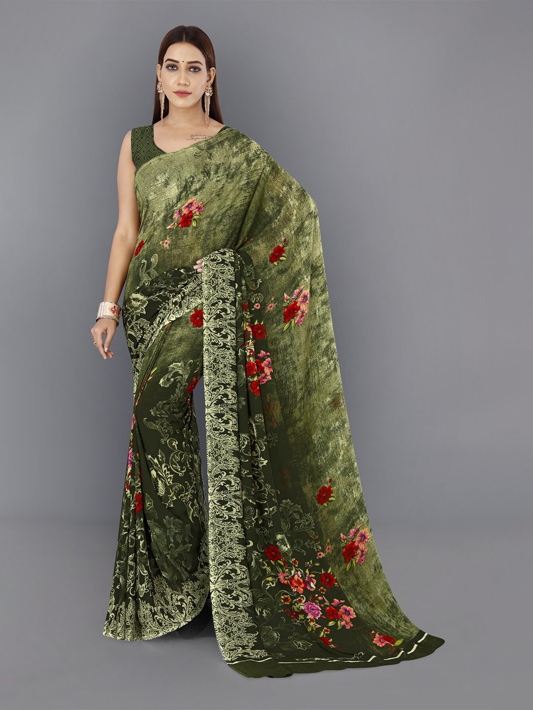 

ANAND SAREES Floral Poly Georgette Saree, Green