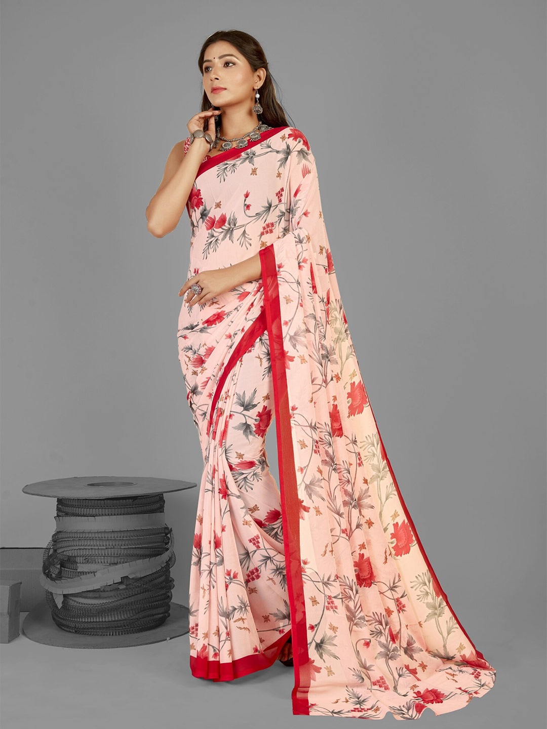 

ANAND SAREES Floral Poly Georgette Saree, Red