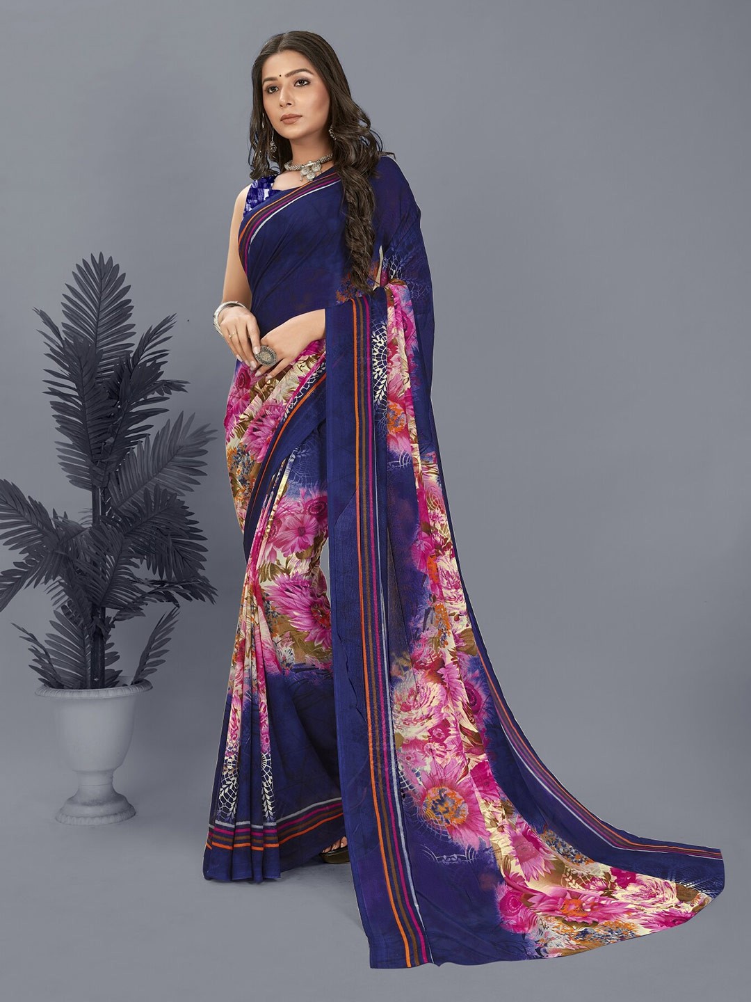 

ANAND SAREES Floral Poly Georgette Saree, Blue