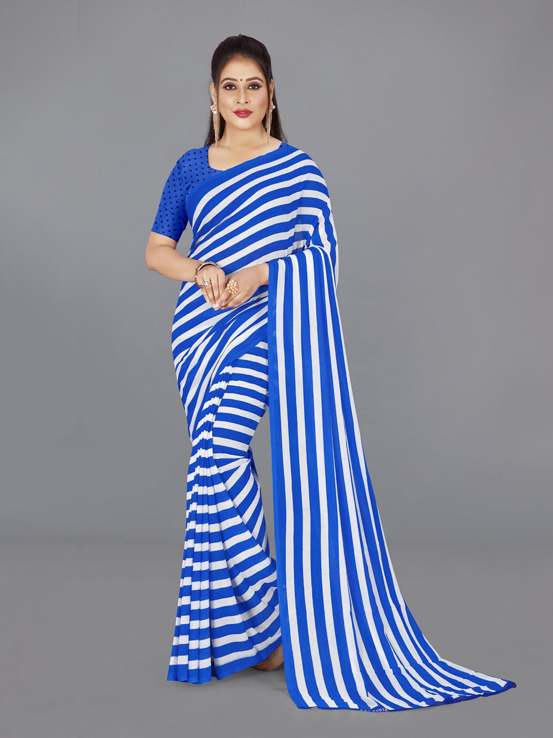 

ANAND SAREES Striped Poly Georgette Saree, Blue