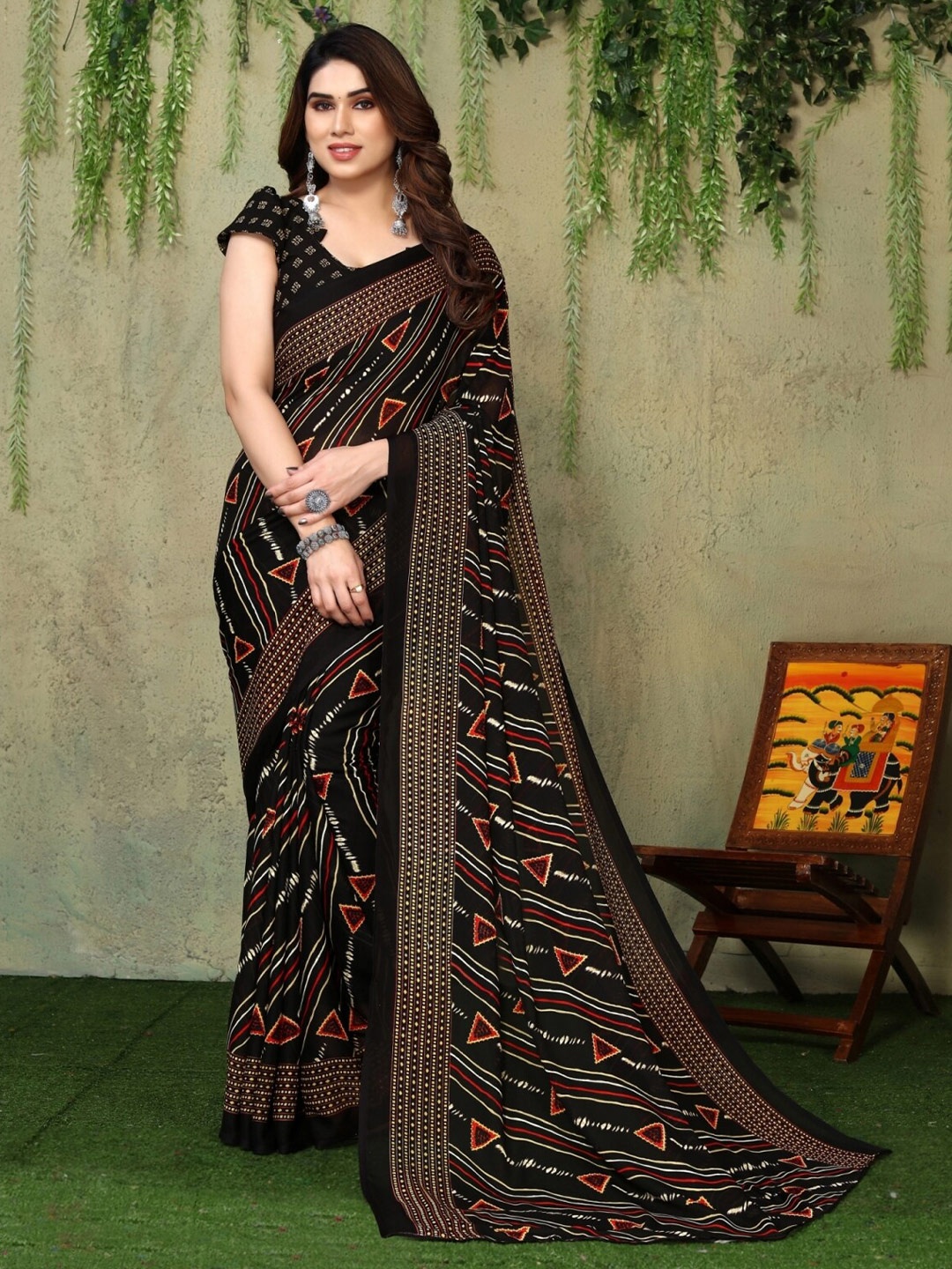 

ANAND SAREES Geometric Printed Saree, Black
