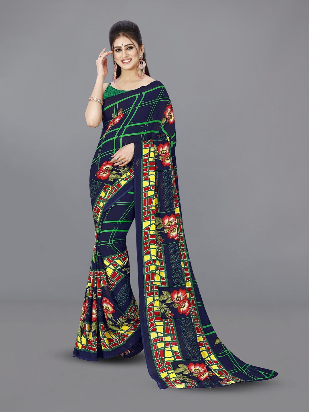 

ANAND SAREES Checked Printed Saree, Blue