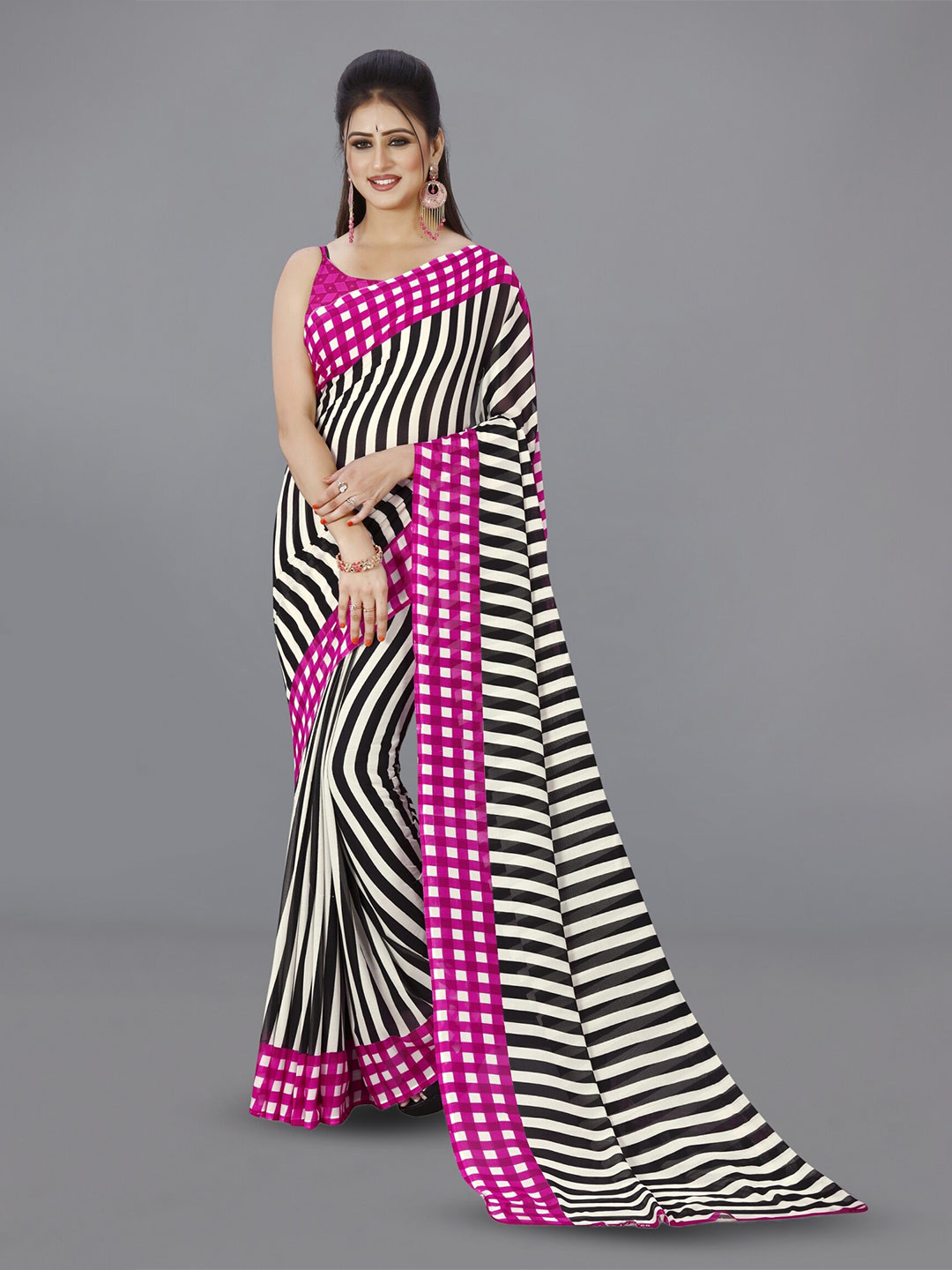 

ANAND SAREES Striped Poly Georgette Saree, Pink