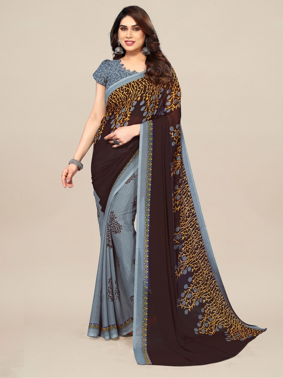 

Moda Rapido Floral Printed Saree, Brown