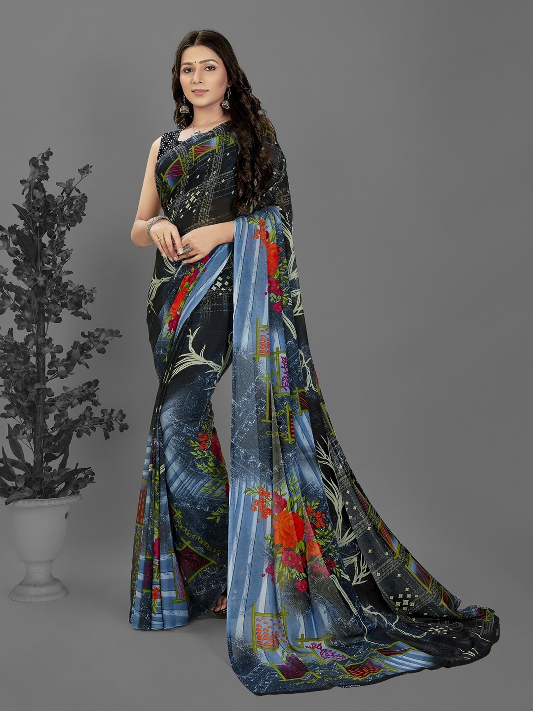 

ANAND SAREES Floral Printed Saree, Blue