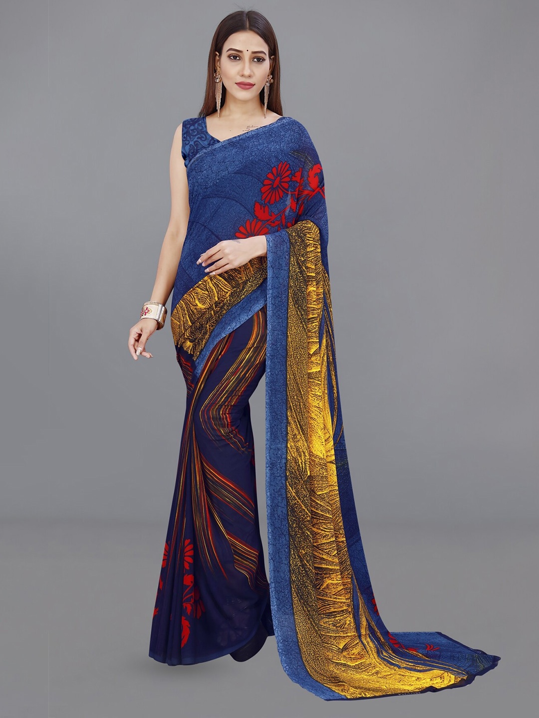 

ANAND SAREES Floral Poly Georgette Saree, Blue