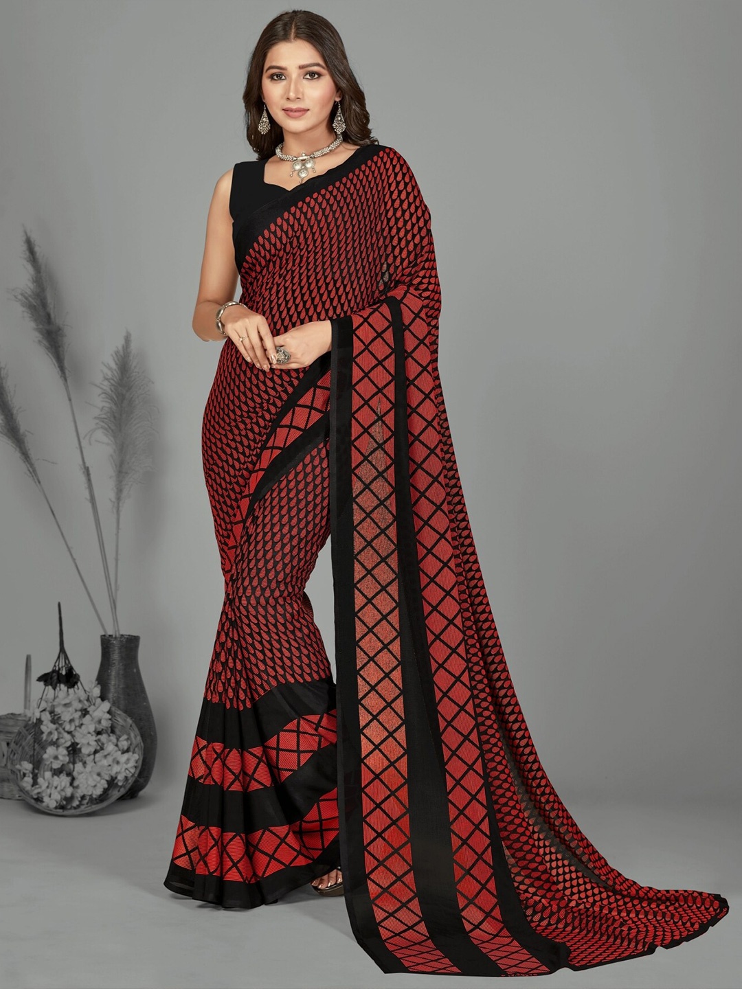 

ANAND SAREES Poly Georgette Saree, Red