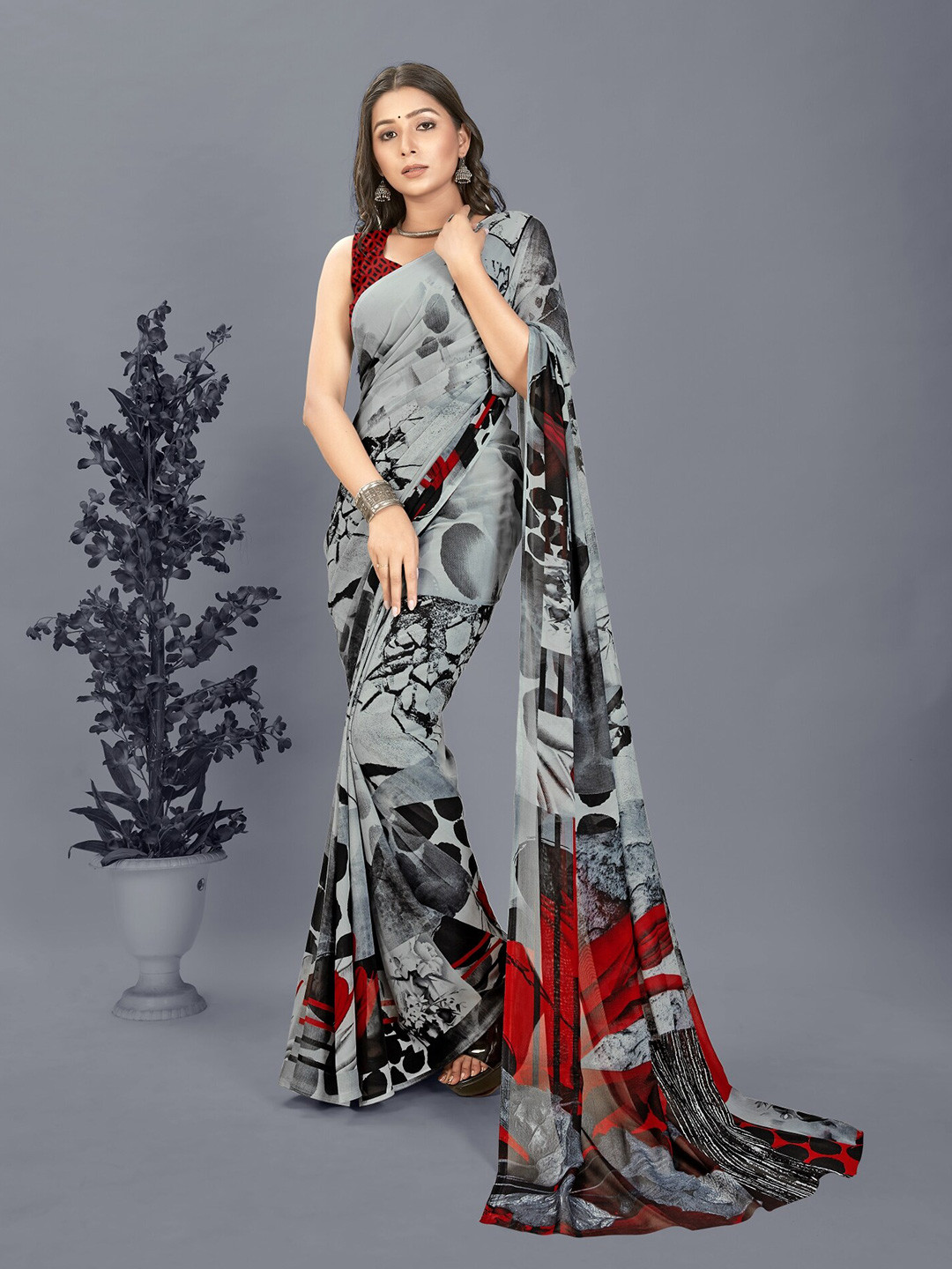 

ANAND SAREES Abstract Printed Saree, Grey