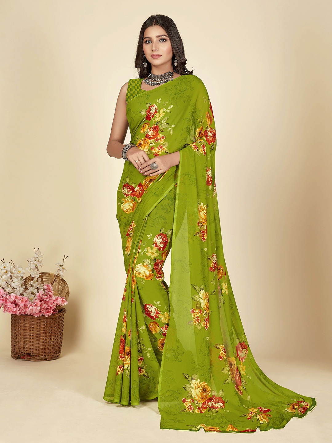 

ANAND SAREES Floral Printed Saree, Green