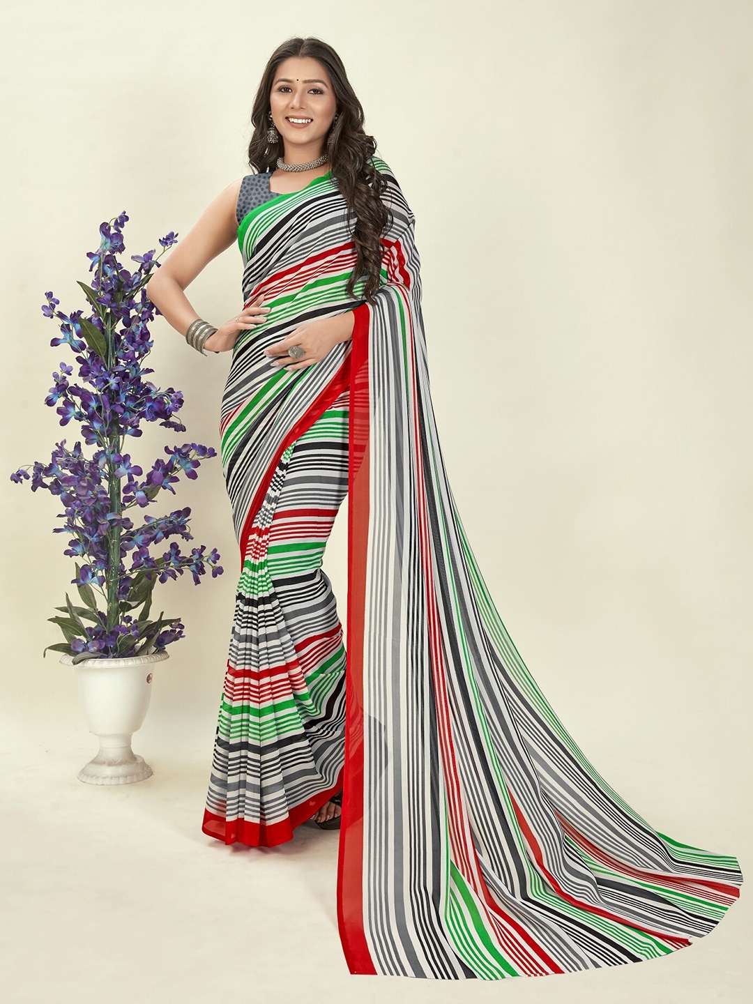 

ANAND SAREES Striped Poly Georgette Saree, Grey