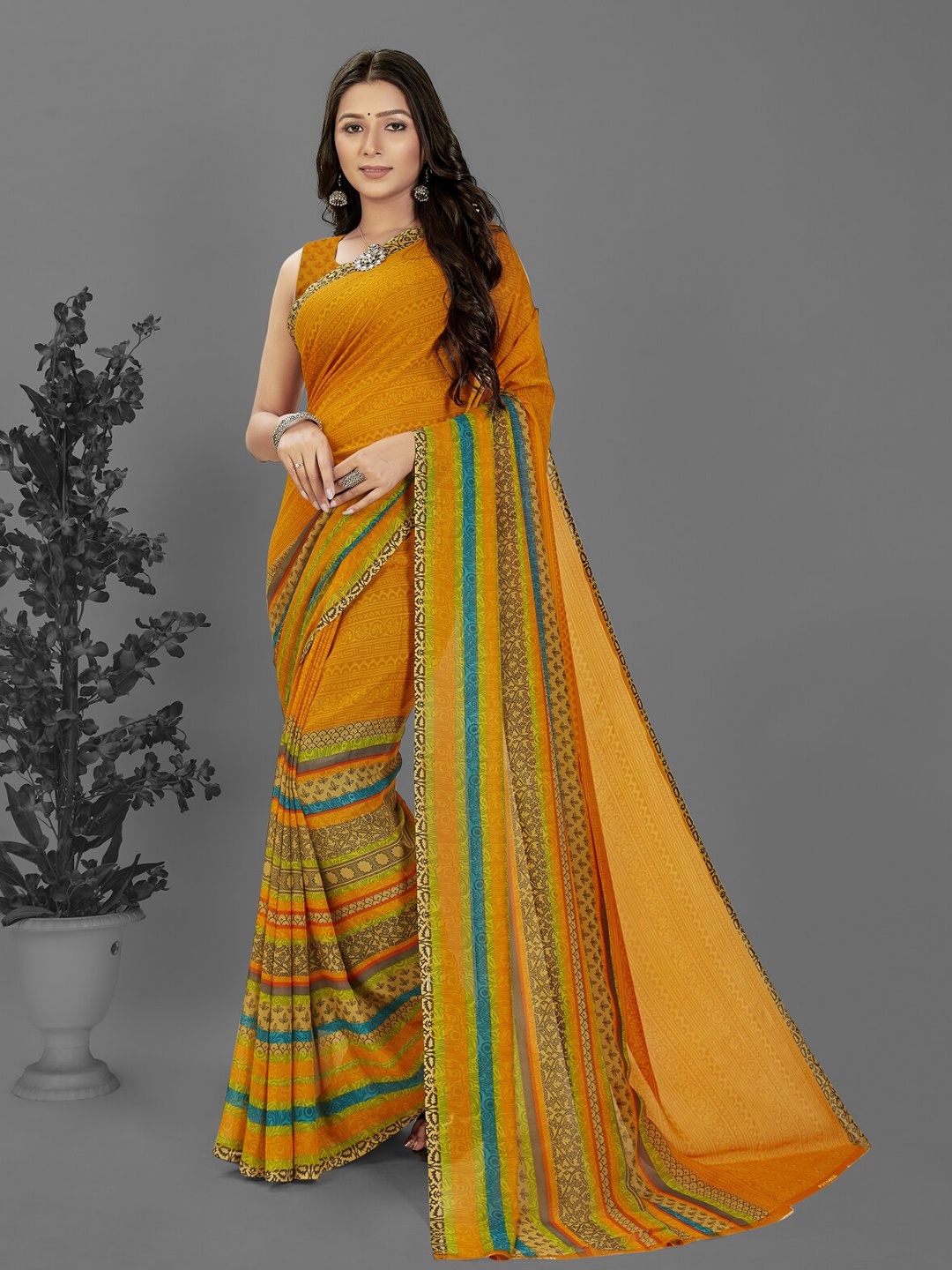 

ANAND SAREES Floral Poly Georgette Saree, Yellow