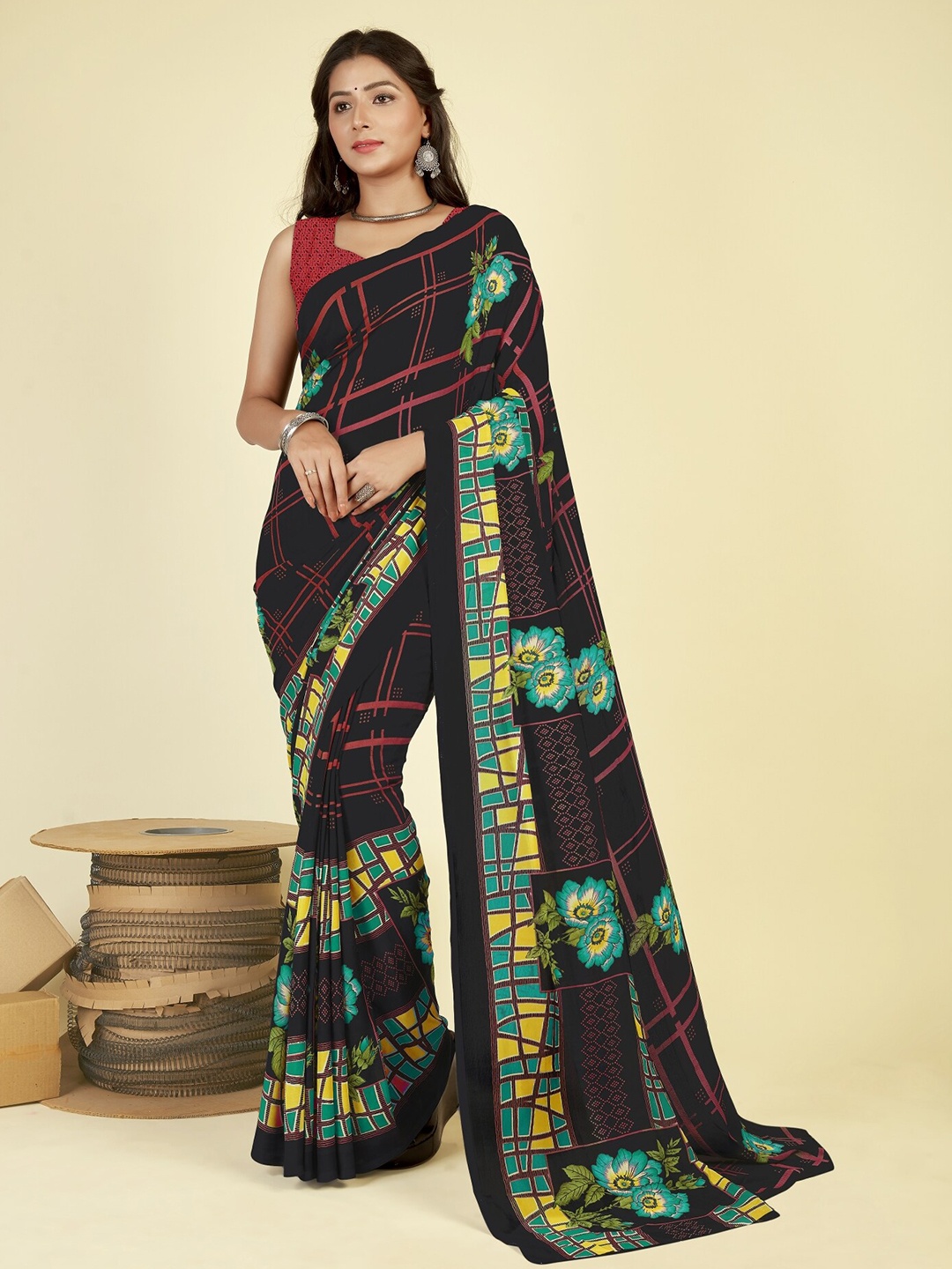 

ANAND SAREES Floral Poly Georgette Saree, Black