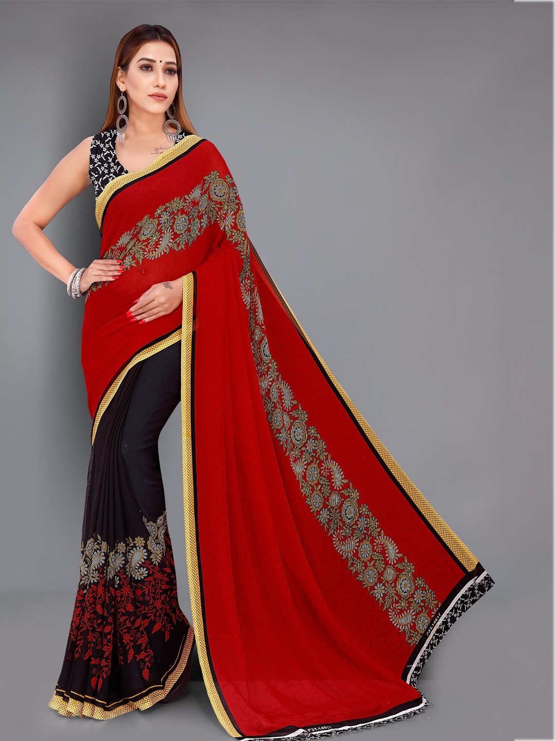 Moda Rapido Floral Printed Saree, Red
