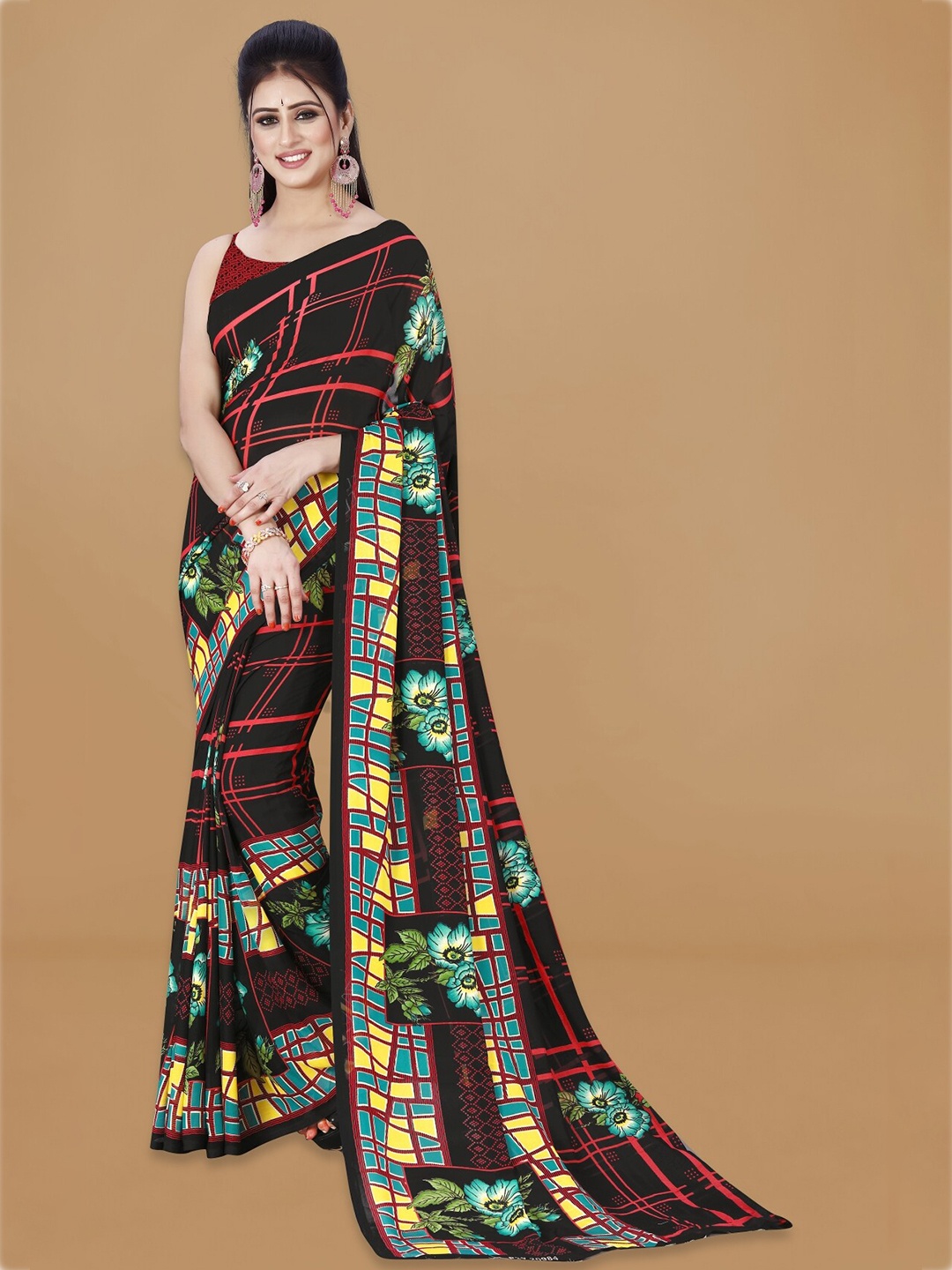 ANAND SAREES Floral Poly Georgette Saree, Black