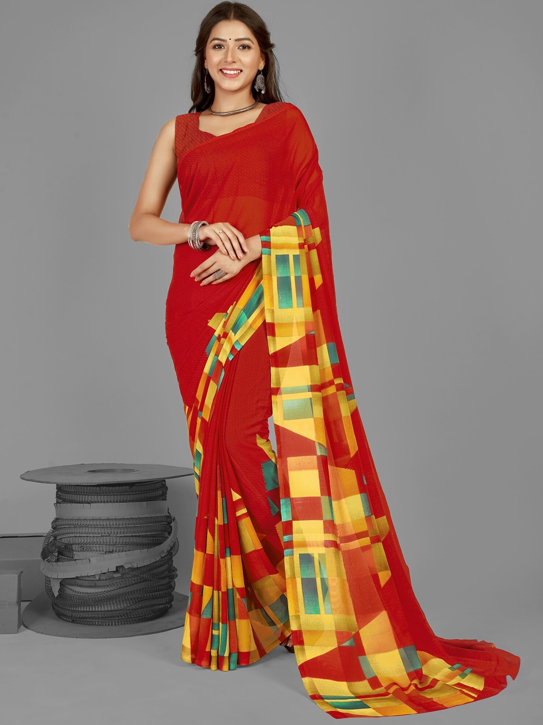 

ANAND SAREES Geometric Printed Saree, Red