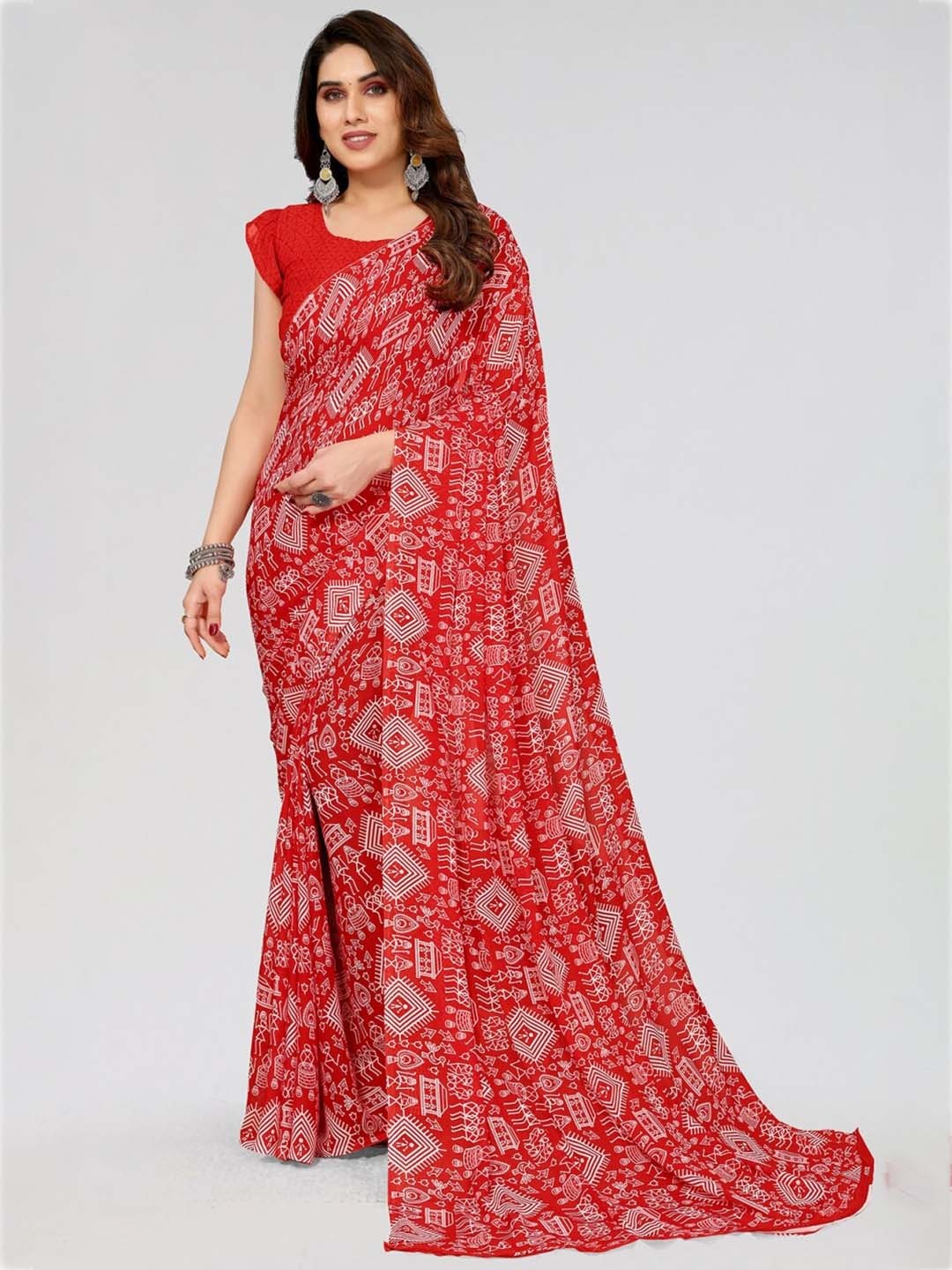 

ANAND SAREES Warli Poly Georgette Saree, Red