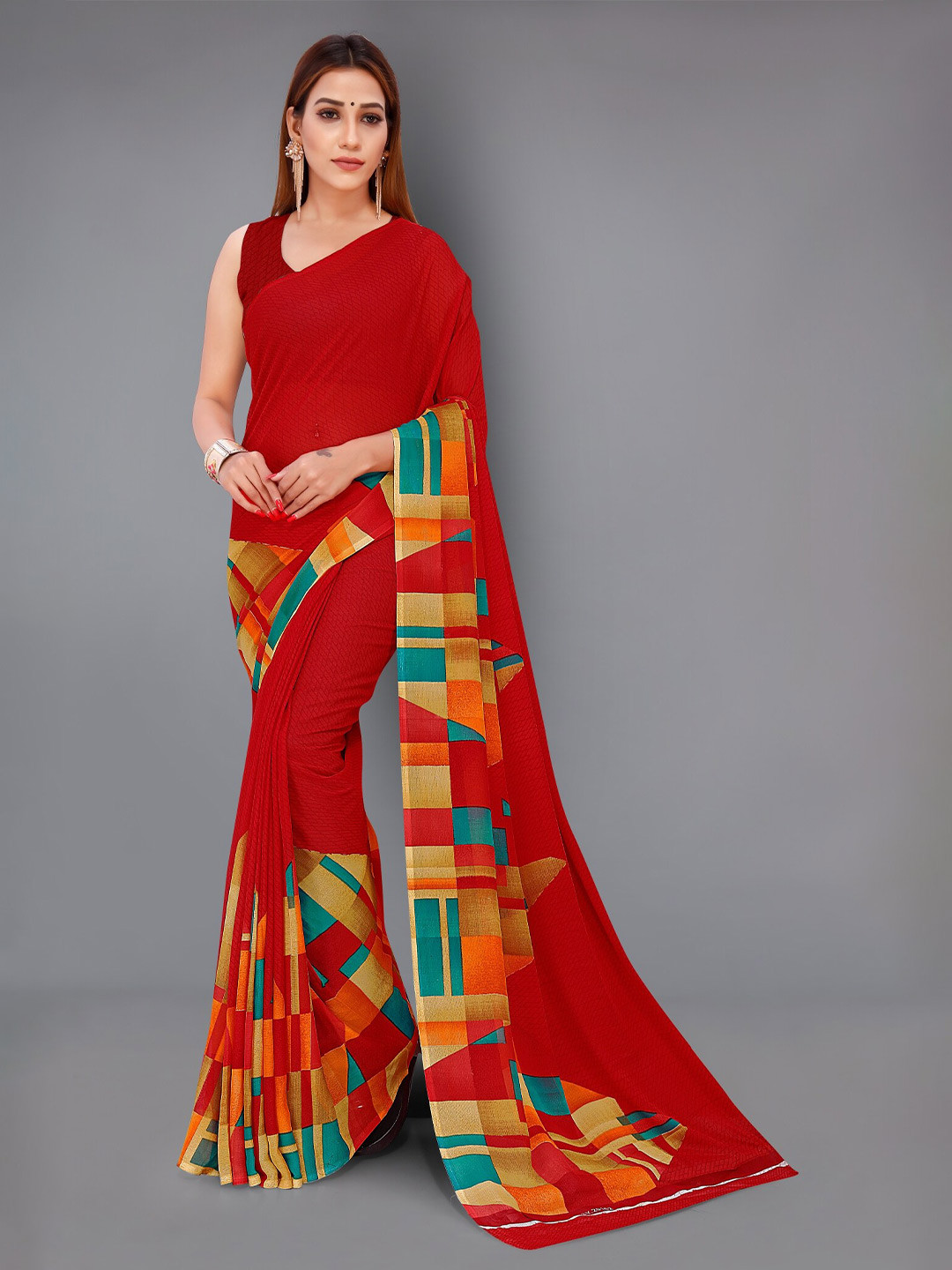 

ANAND SAREES Geometric Printed Saree, Red