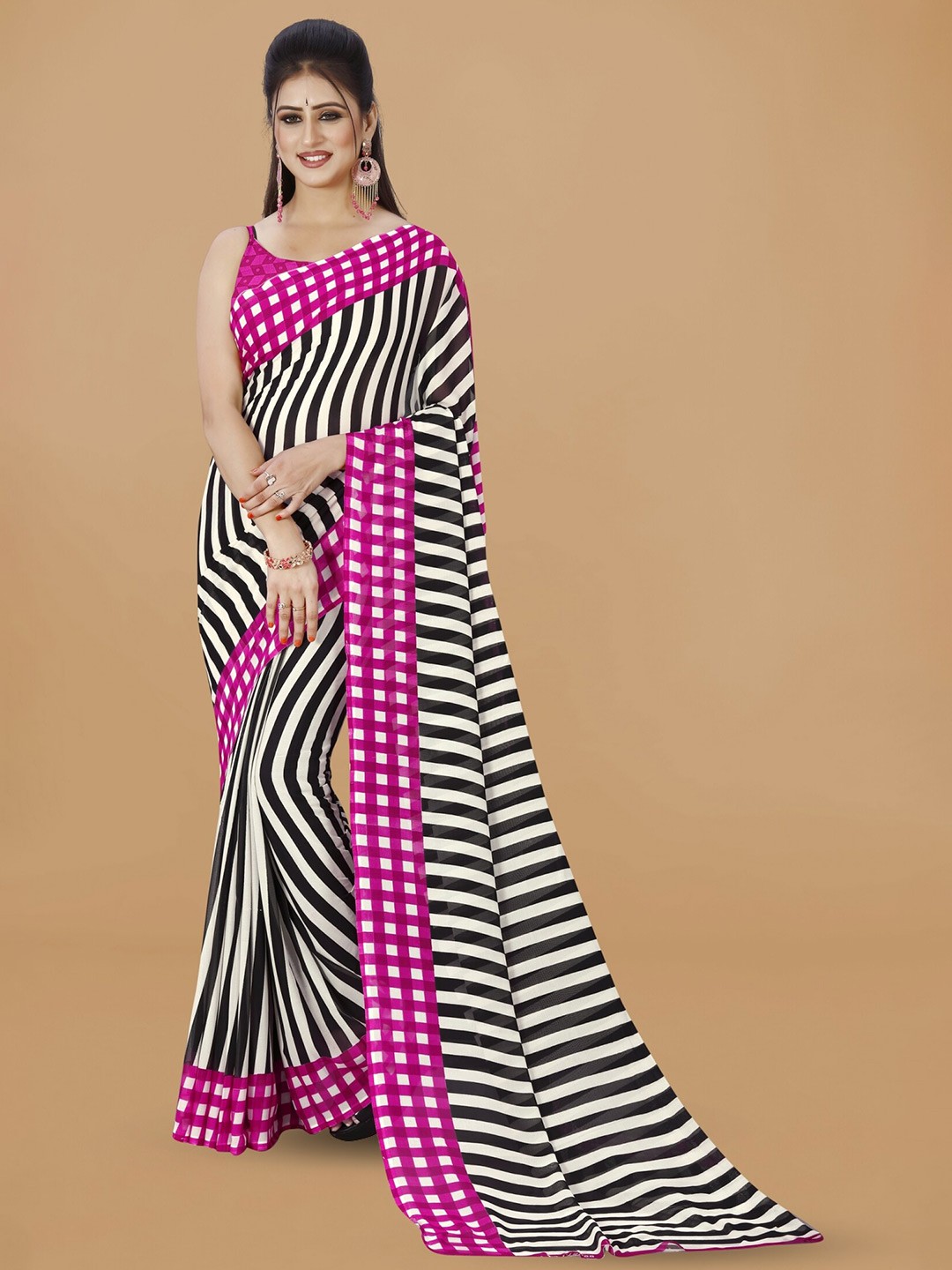 

ANAND SAREES Striped Poly Georgette Saree, Pink