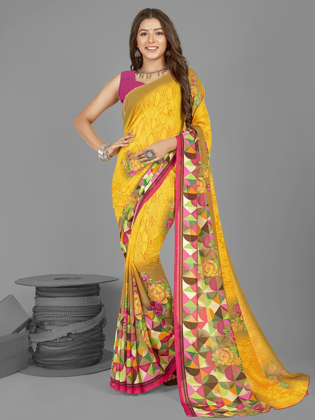 

ANAND SAREES Poly Georgette Saree, Yellow