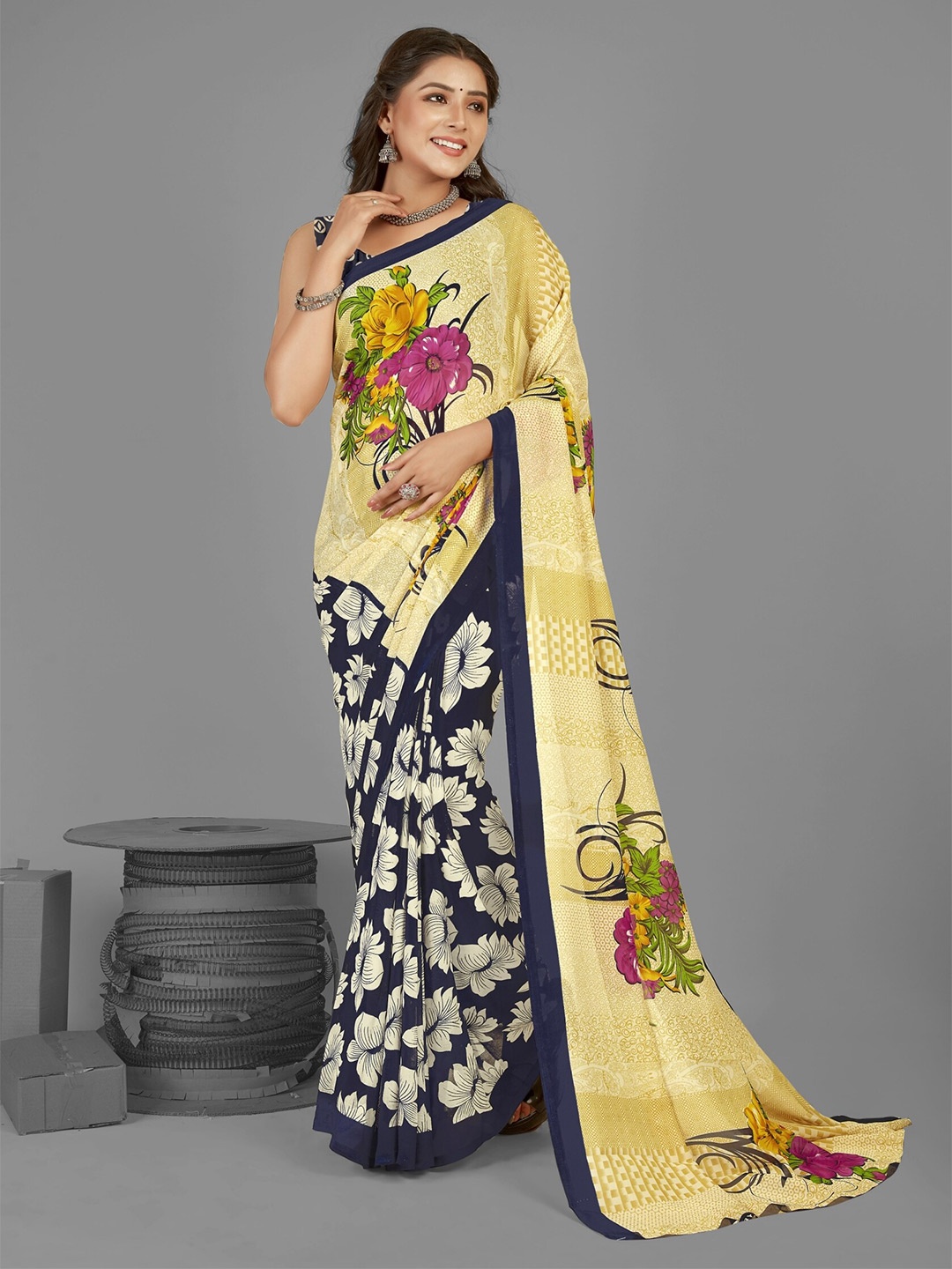 

ANAND SAREES Floral Poly Georgette Saree, Yellow