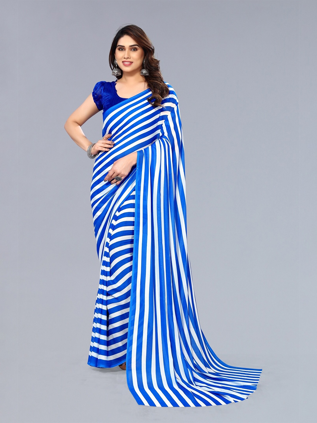 

ANAND SAREES Striped Poly Georgette Saree, Blue