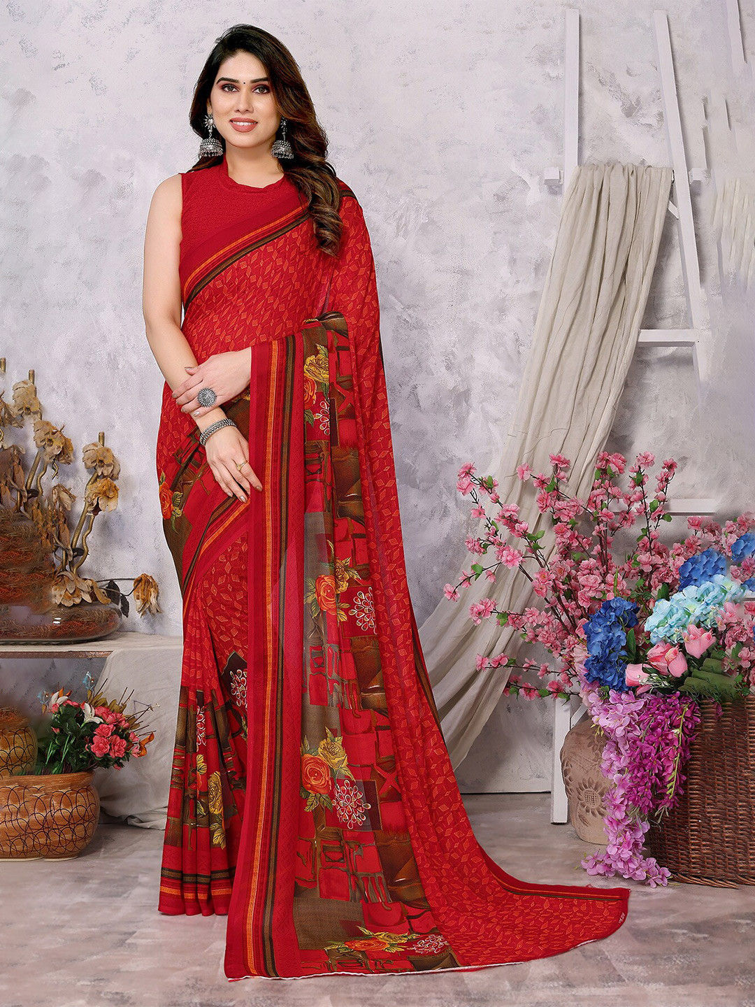 

ANAND SAREES Floral Printed Saree, Red