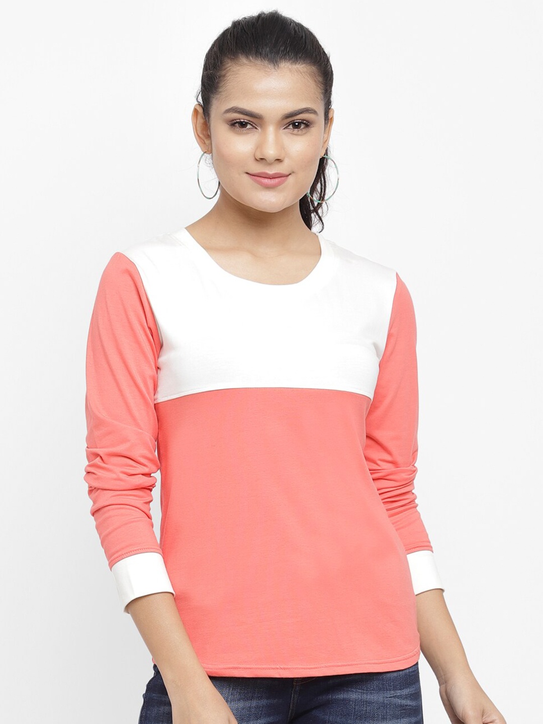 

N-Gal Colourblocked Long Sleeves Round Neck Cotton Dry Fit T-shirt, Off white