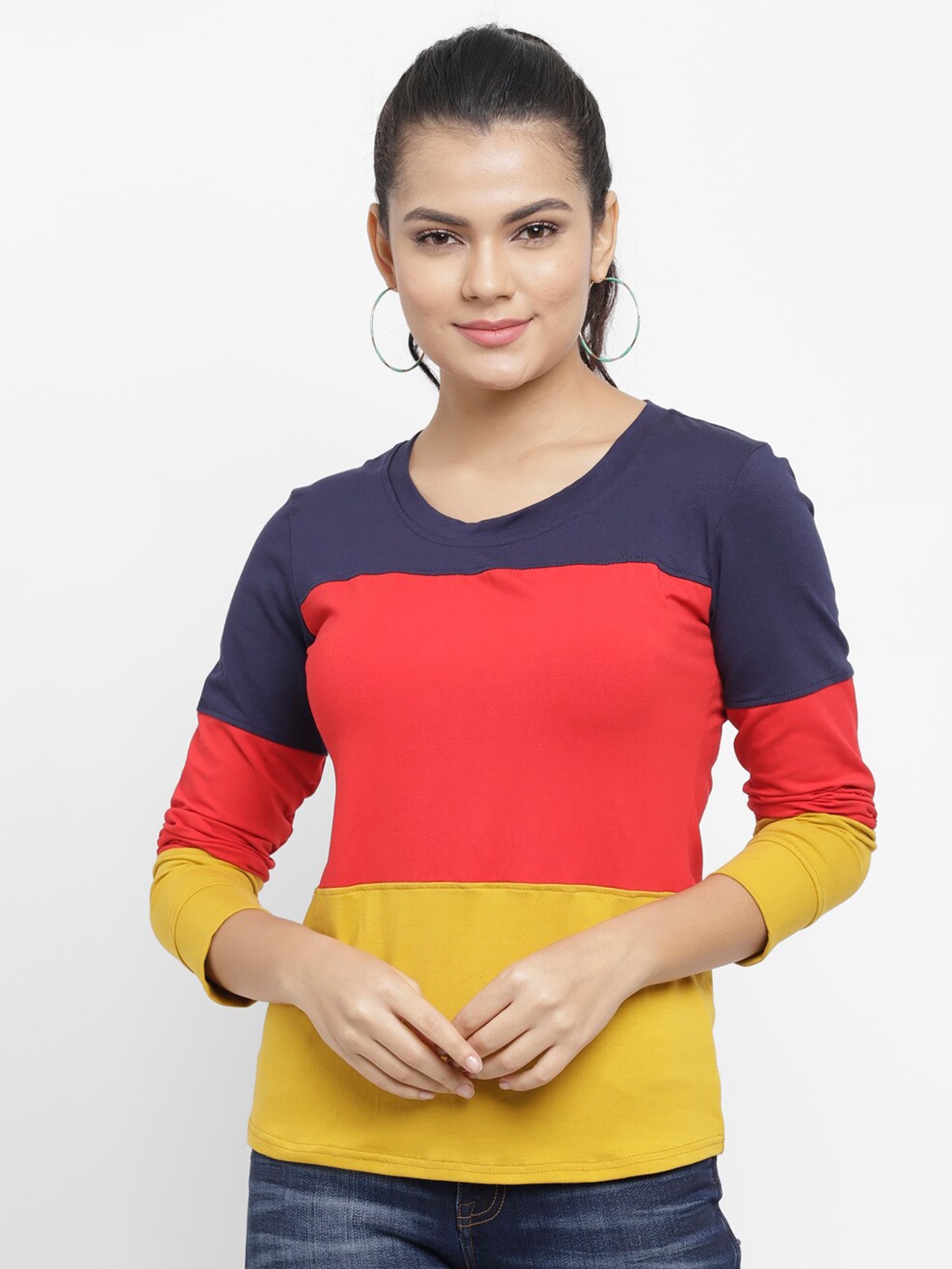 

N-Gal Colourblocked Long Sleeves Round Neck Cotton Dry Fit T-shirt, Navy blue