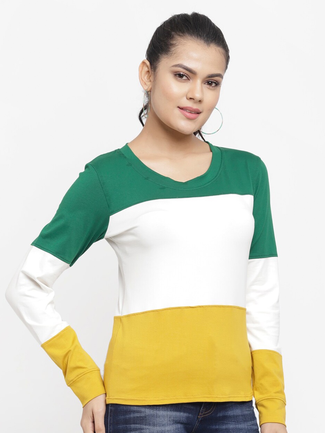 

N-Gal Colourblocked Long Sleeves Round Neck Cotton Dry Fit T-shirt, Green